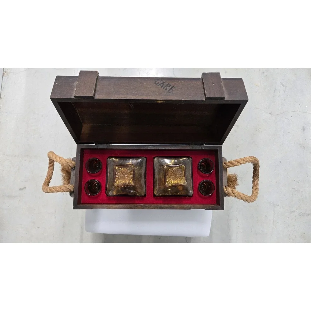 Vintage Pirate Treasure Chest Bar Set 2 Amber Decanters 4 Shot Glasses. Man Cave